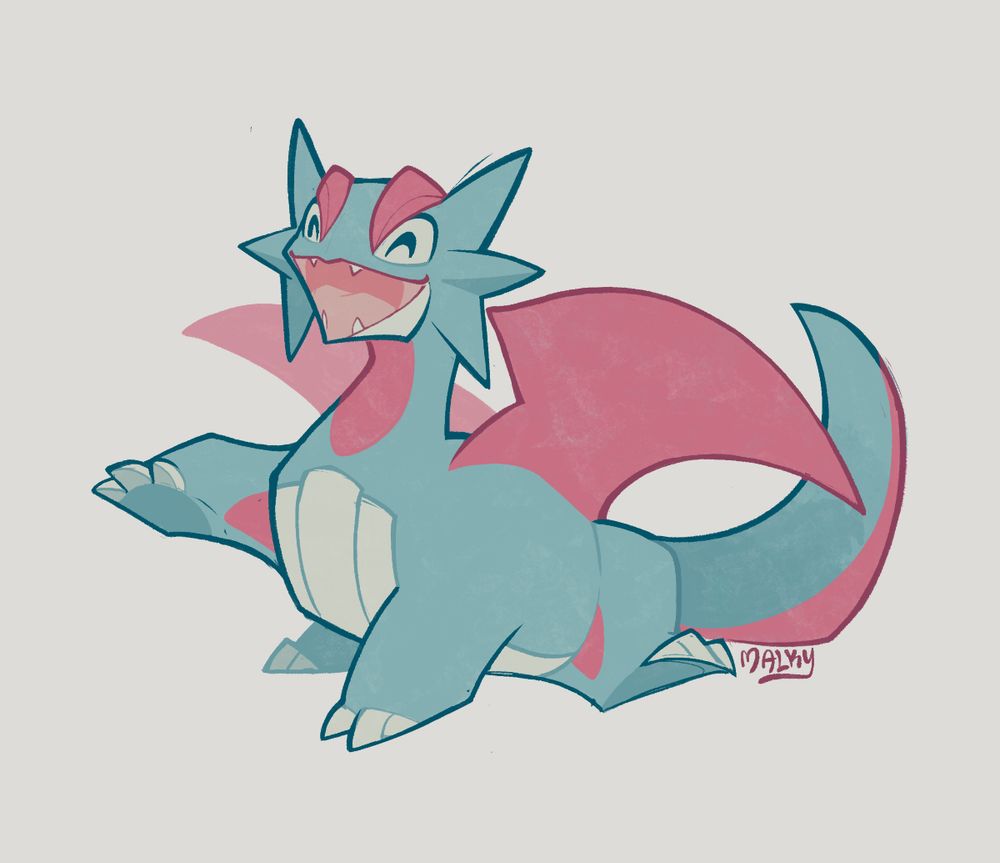 Drawings of the pokemon salamence doing a silly walk with a big smile and squinty eyes