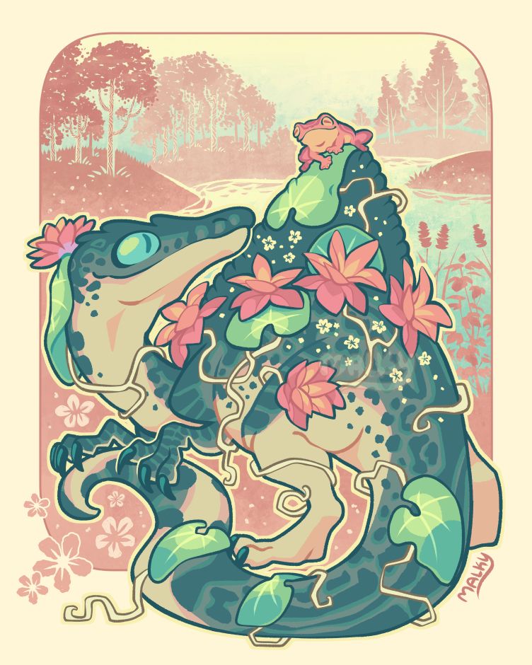 Illustration of a cute spinosaurus covered in lily pads with roots, lotus flowers and small white flowers. A little pinkish frog rests at the top of its curved spine. A simplistic background of trees, pines, a pond, wild plants and flowers frames the scene.