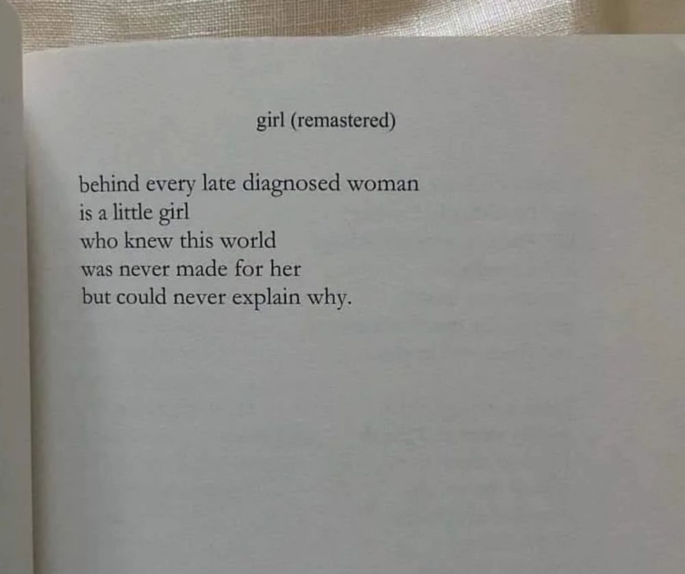 photo of a book page with a poem about a late-diagnosed woman carrying the inner child who never fit into the world. Includes text: laurawilliamsauthor.co