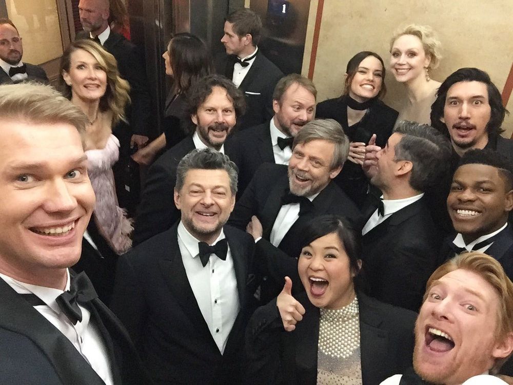 the cast of star wars: the last jedi taking a selfie at the european premiere of the film at the royal albert hall in london, england, december 12, 2017