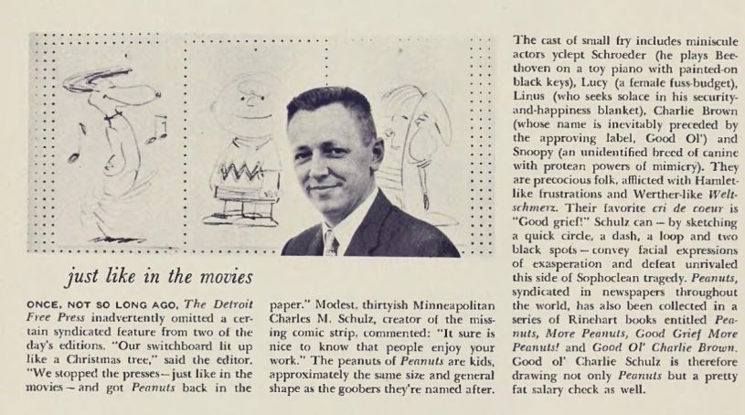 Brief profile of Charles Schulz with sketches of Snoopy, Charlie Brown and Linus.