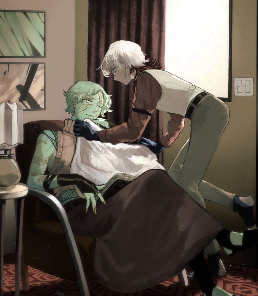 Zoomed-out shot illustration of my original characters, Honey and Oliver in a motel room. Oliver is leaned over Honey on a chair next to a half-covered sunlit window to place a blanket on them as they look up at him with a warm smile holding a page to a book down on their lap.