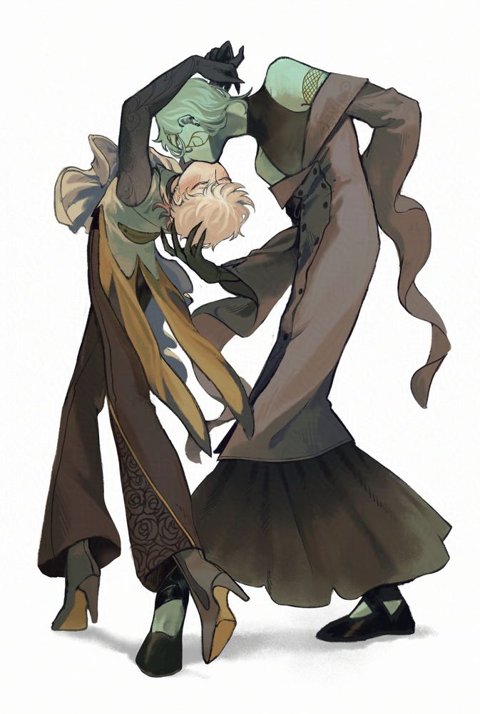 White background fullbody illustration of my original characters, Honey and Oliver, at a pause in a backroom dance sequence where they kiss.