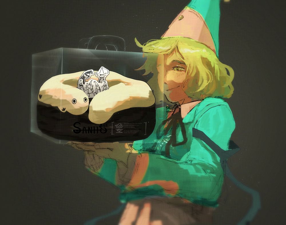  A quick drawing I did of Coco from Witch Hat Atelier for her birthday in 2023 in her 5th anniversary school uniform as she looks gleefully at a dark chocolate cake topped with a large whipped cream brushbug wrapped around the doodle versions of Qifrey's atelier family encased in a clear cake box.