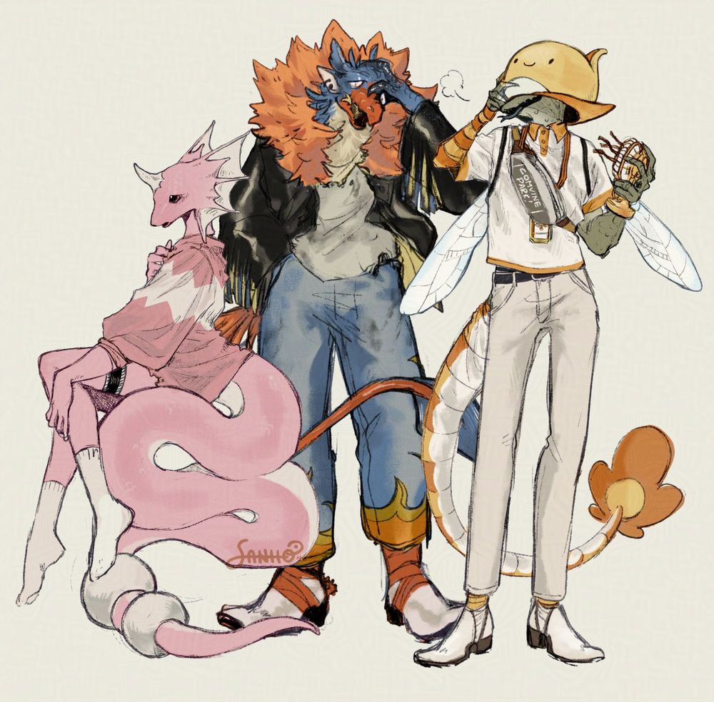Three anthropomorphized character designs bases off of Pokemon fusions going from left to right: Shiny Dragonair & Kecleon, Archen & Typhlosion, Combee & Servine.