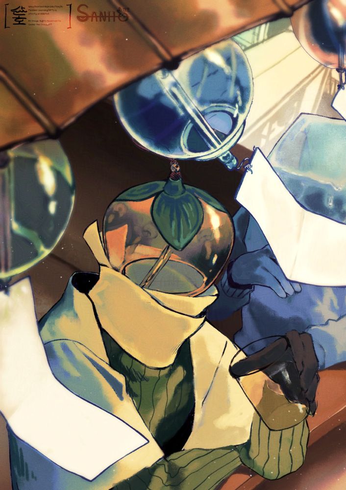 Top down shot illustration of object head characters based on Japanese wind-chimes in the shape of a persimmon and an ice-cube looking over a balcony decorated by normal wind-chimes and enjoying a cold drink during a hot day.
