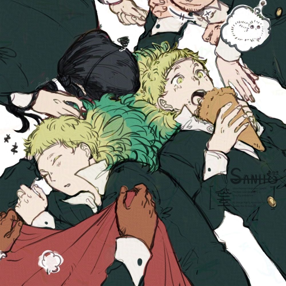 Colored sketch of the Knights of Moralis from Witch Hat Atelier taking a break with Ekoh and Etlan in the center with one of them napping and the other eating a pastry. The other knights are also relaxing with Easthies using the twins' fluffy ponytails as a pillow facing down, Galga putting a blanket over the napping twin, Luluci imagining the ponytails as a brushbug, and Utowin lounging to the side with a chuckle.