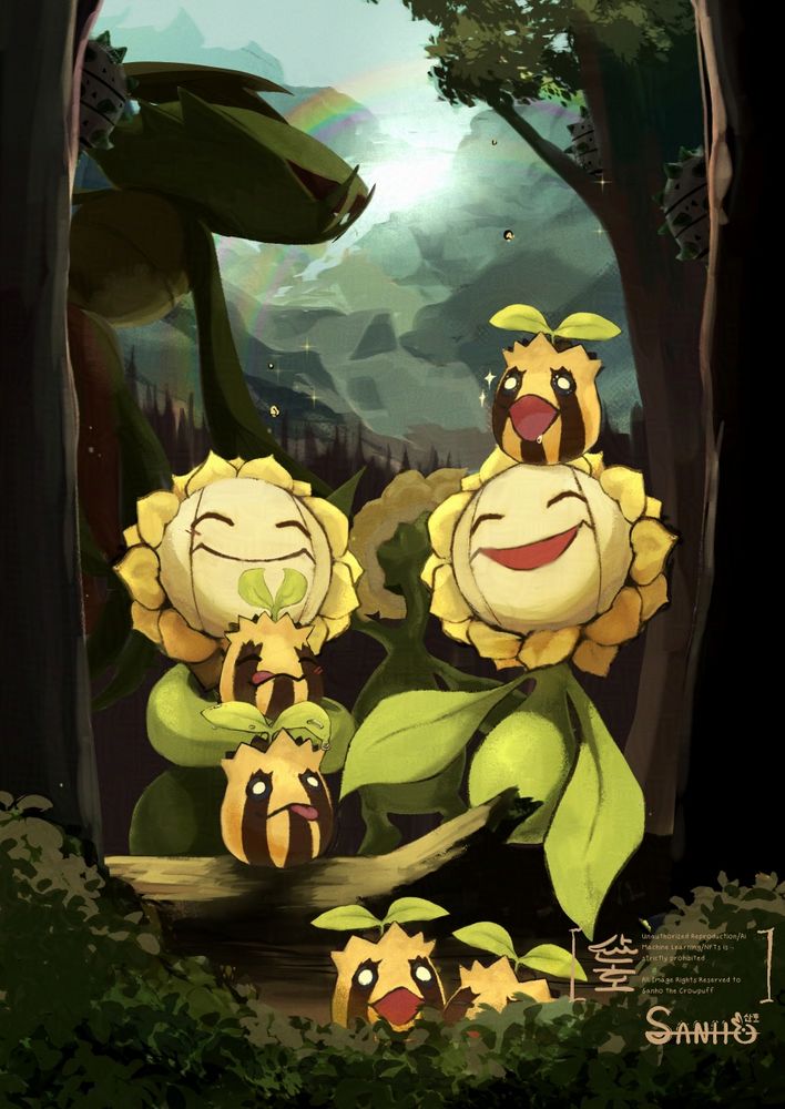 full page illustration featuring Sunfloras and Sunkerns from the pokemon franchise in a forest enjoying some fresh dewdrops and sunshine after a rainy day. In the background are Ferroseeds and a Carnivine looking back at a double rainbow over the distant mountains as the sun peeks through parting clouds.