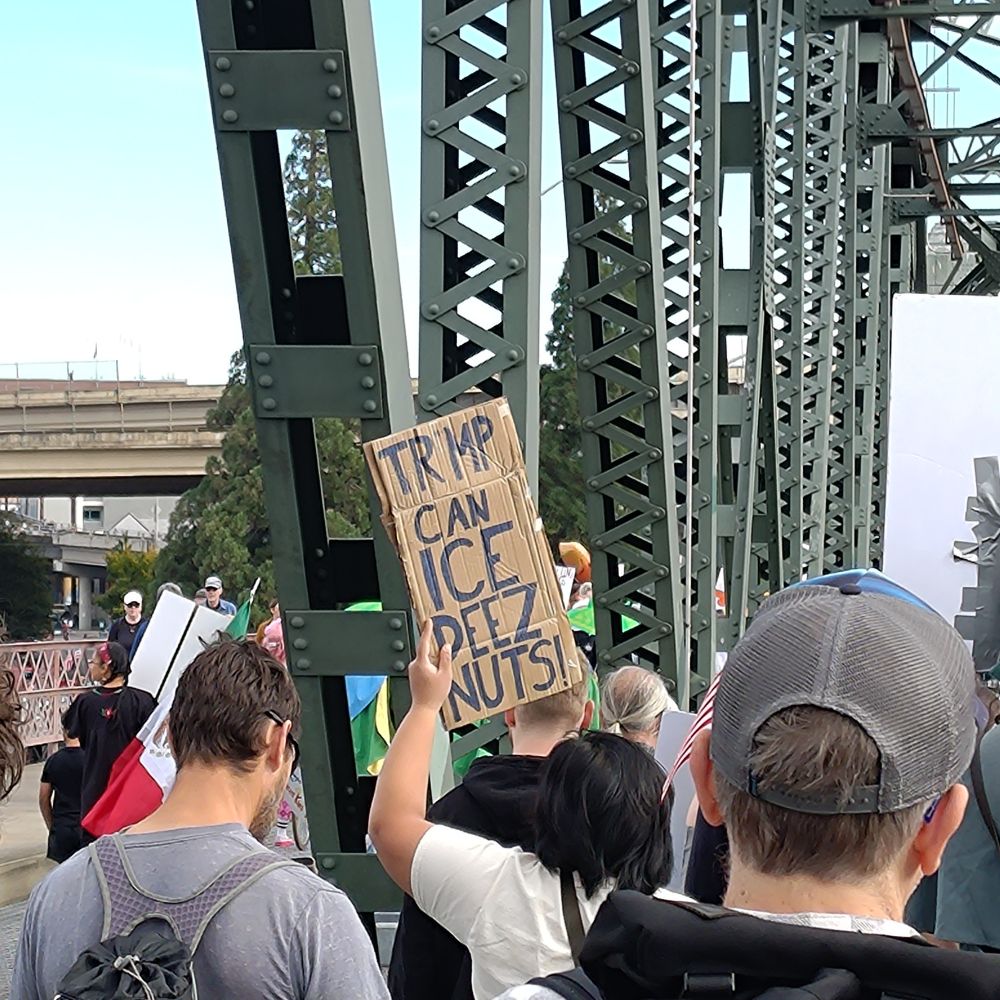 "TRUMP CAN ICE DEEZ NUTS"
- sign at No Kings Protest 2025
