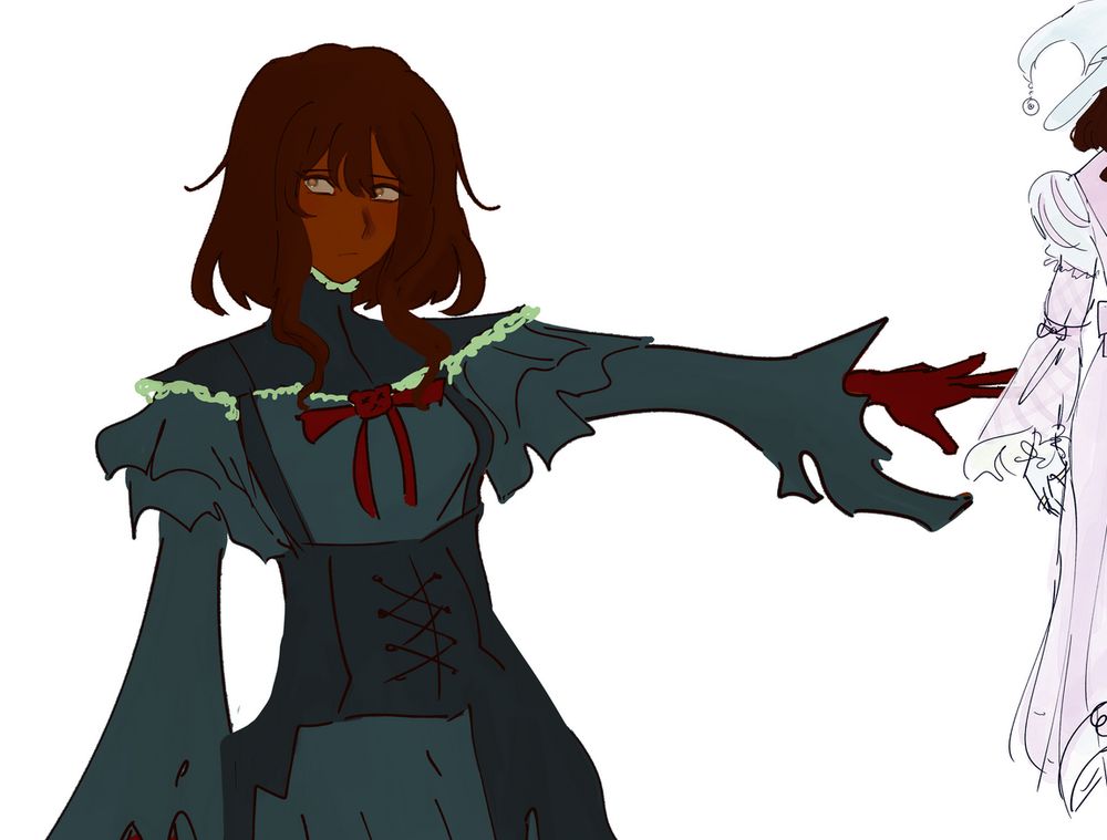 a girl with brown skin and darker shaggy brown hair wearing a dark cyan and red ensemble with a collar a ribbon a corset red gloves and torn up sleeves