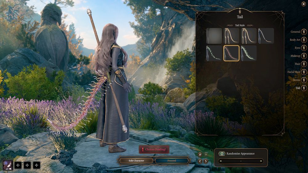 bg3 screenshot of the back of a grey skinned girl with wavy dusky brown hair and a big weird skeleton tail