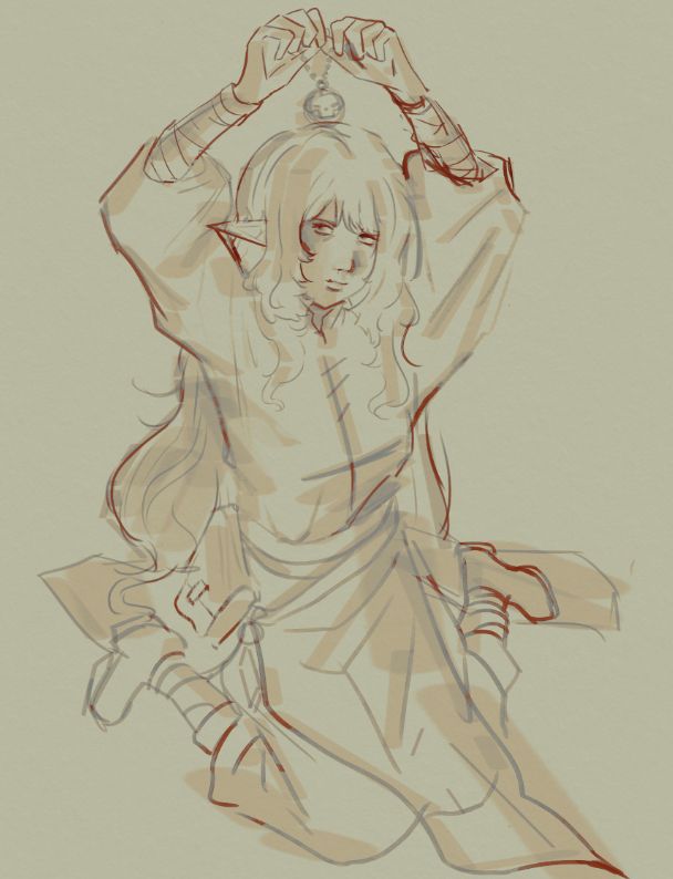 my bg3 character, a wood elf with long hair and a messy shaggy hime cut, sitting splayed in robes and wraps and holding a bhaalist amulet over her head