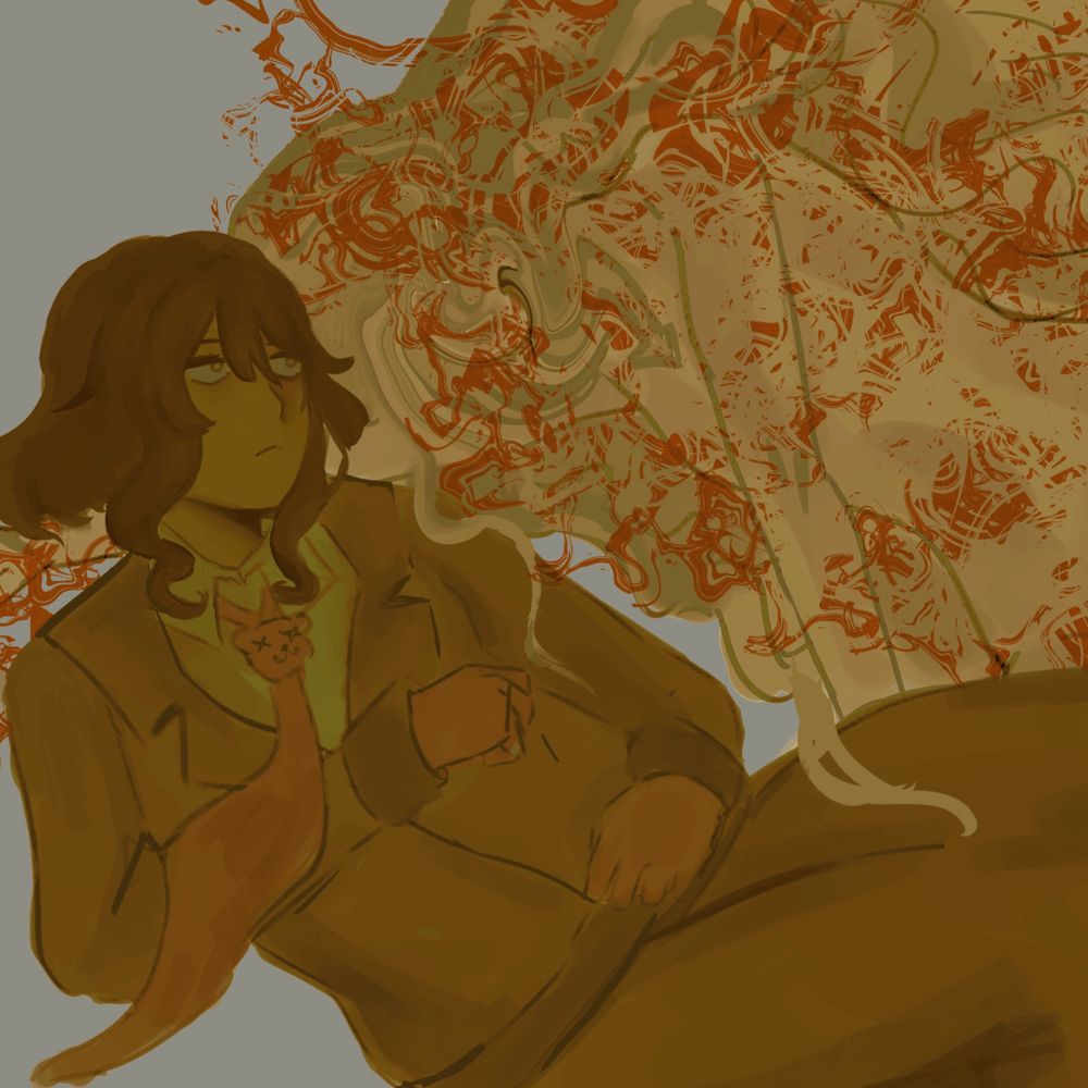 ocs, pale yellow toned art of a girl with brown hair and darker skin in a suit with a tie with a bear face on it; she is lying back, next to a distorted featureless pale body with long wavy hair
