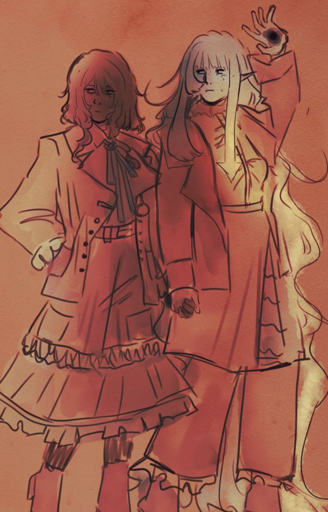 pink toned messy watercolored digital art of two overdressed girls, one with shaggy short hair with long wavy sidepieces and another with a layered blonde hime cut, holding up her hand with a crucifix scar