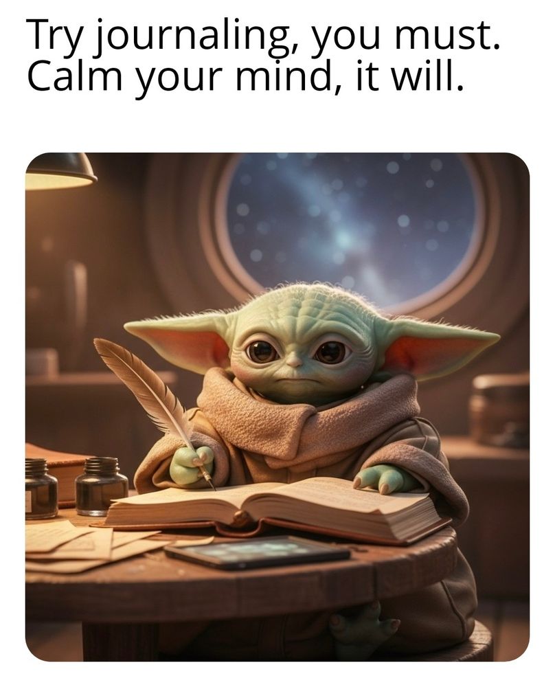 Baby Yoda (ok, it's Grogu) sitting at a table, writing in a journal with a feather quill. The meme caption is: "Try journaling, you must. Calm your mind, it will." 