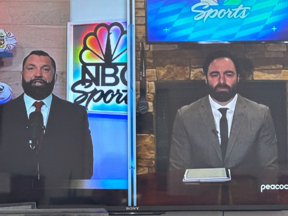 Two rugby announcers with blurry cameras and crap lighting my on NBC. 