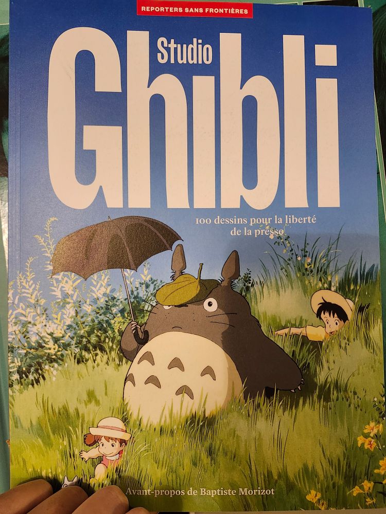 Le magazine Reporters sans frontières " studio ghibli 100 dessins pour la liberté de la presse" on voit totoro dans l'herbe entouré des deux petites filles