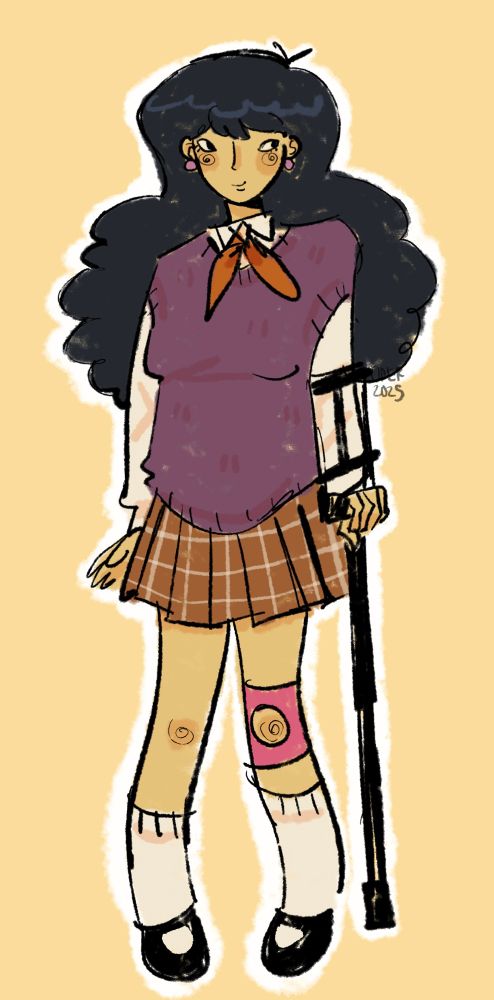 Fan art of Mari from Omori. She has very slightly tanned skin and large black curly hair. She is wearing a white button-down and a purple vest over it, with an orange bow around the collar. She has an orange-ish brown skirt with a white plaid pattern. She has white socks that end below the knee and black Mary Jane shoes, as well as small light purple ball earrings. She is depicted with a black cane held with her left arm and a pink knee brace on her left leg. She is smiling and looking off to the left, or the viewer's right.