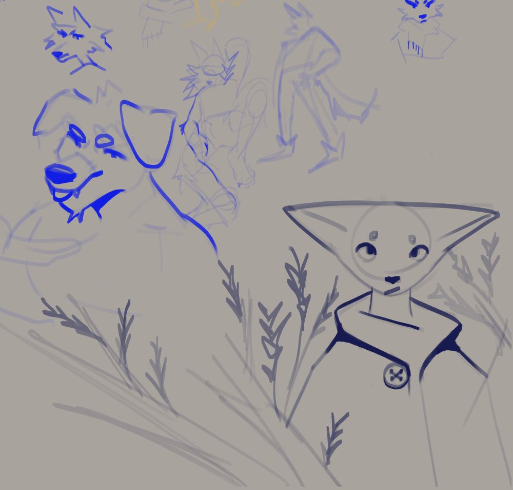 doodles of anthro characters. one is a cat with a curious expression and a big coat with a single big button on the front, pine leaves are scribbled around them.