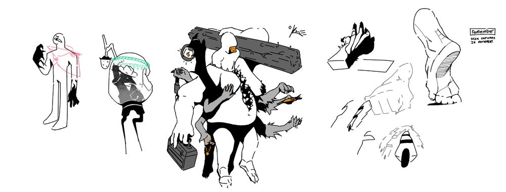 3 character concepts. One is a dude with a cape and black hands. Two is a crow in a glass jar with their stilt legs sticking out. Three is a big character with many legs and arms that's holding a lot of construction materials.