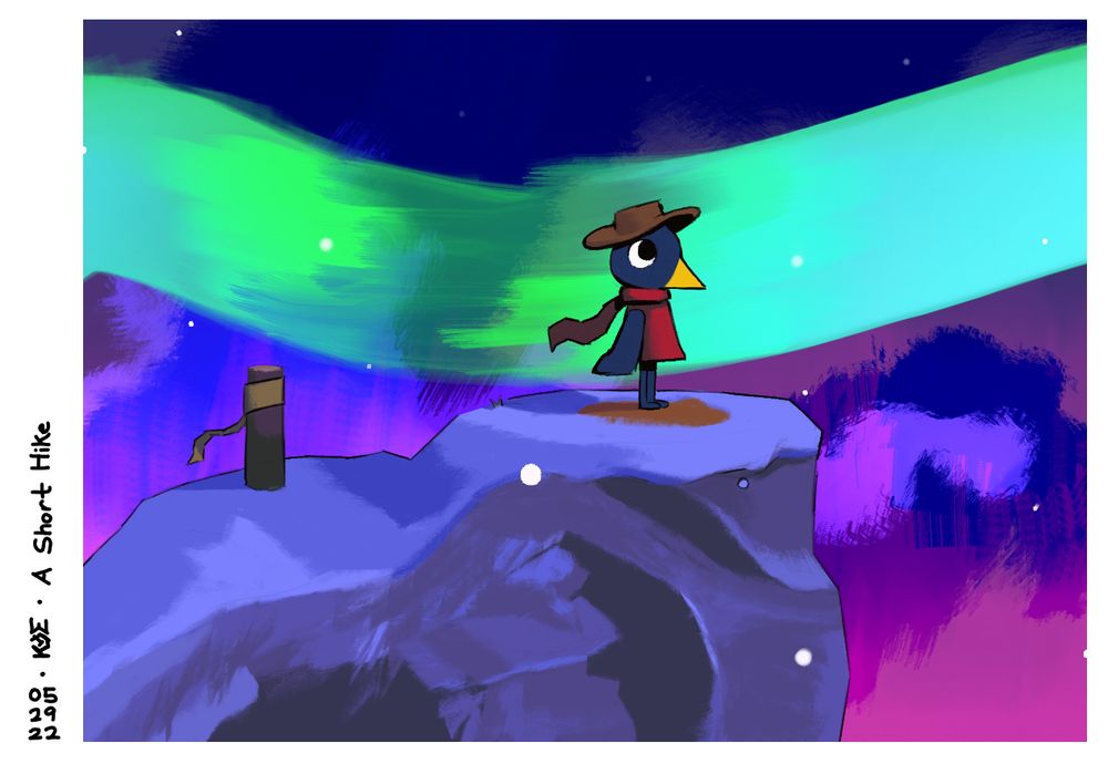 Illustration. Text says "A Short Hike", "May 29th, 2022."

A bird in a little straw hat and a red dress stands atop a summit. The wind, dotted with little flecks of white, dances with her scarf. The sky blazes with streaks of green, turning turquoise. Purple reflects off the clouds, the whisper of a sunset of a small world below.