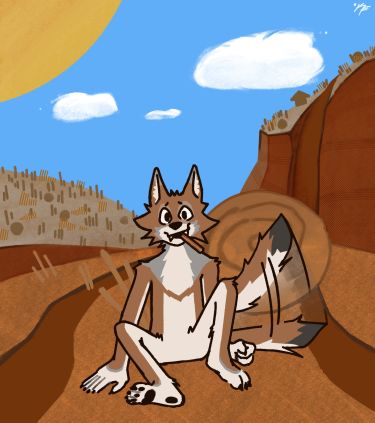 furry drawing. a coyote sitting in a cinnamon world, churro in his mouth, wagging his tail happily.