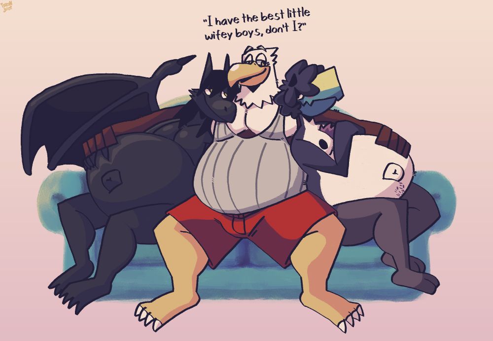 Three anthropomorphic animals: A Black Dragon, an old Bald Eagle and a Toucan. The Dragon and the Toucan are both pregnant around the Bald Eagle. The Bald Eagle says the following: "I have the best little wife boys, don't I?"