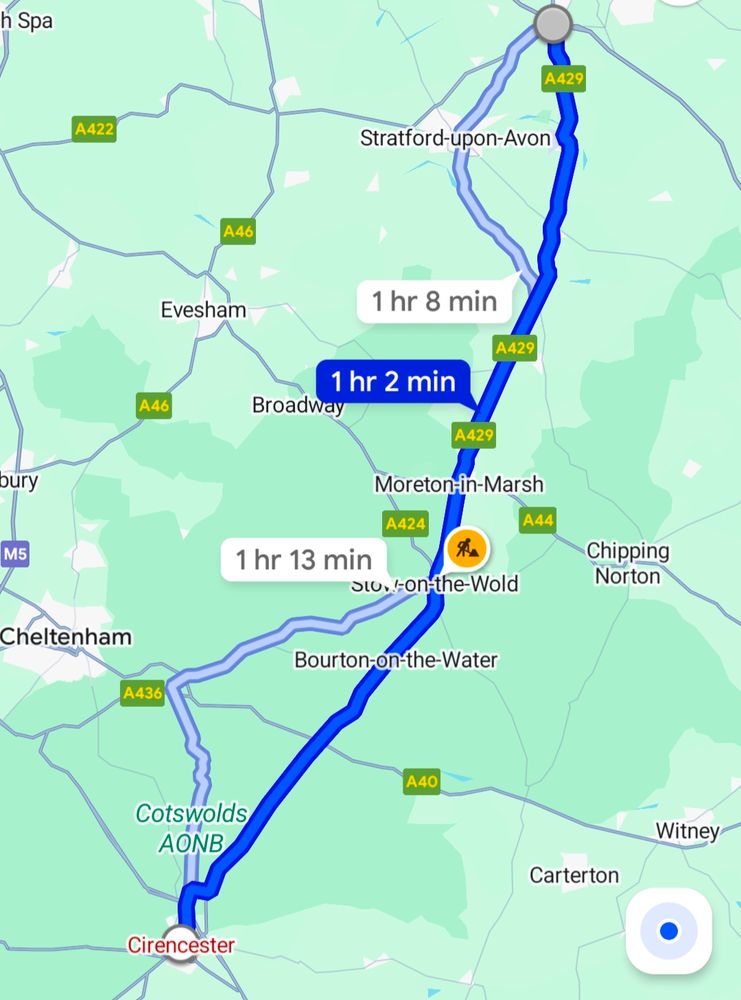A Google maps screenshot of the route from the M40 motorway to Cirencester 