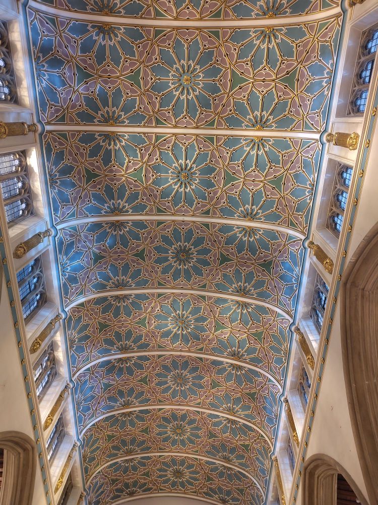 The ceiling of Chelmsford Cathedral - intricate blue and gold floral patterns