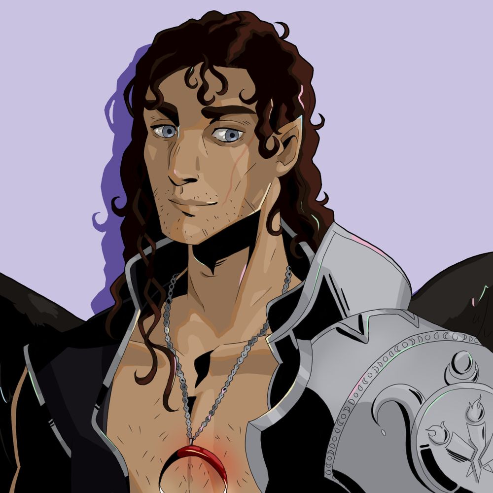 an aasimar with brown curly hair and silver armour with symbols of hecate