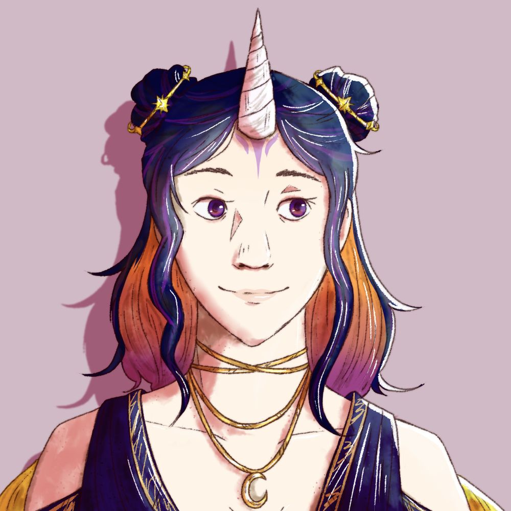 a pale woman with blue/purple hair with sunset colours in the negative space. her hair is in space buns and a horn sits on her forehead. her eyes are a purple/pink/orange, and she is dressed in the purple and yellow silks with golden jewellery.
