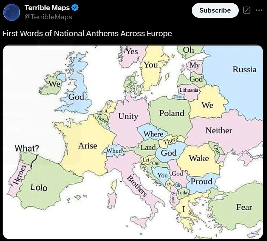 a post by Terrible maps showing the first words of national anthems across europe