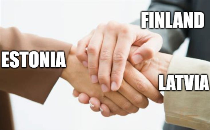 Estonia's, Finland's, and Latvia's anthems' first words spell out: Oh My God. picture of a triple handshake labelled as Estonia, Finland and Latvia.