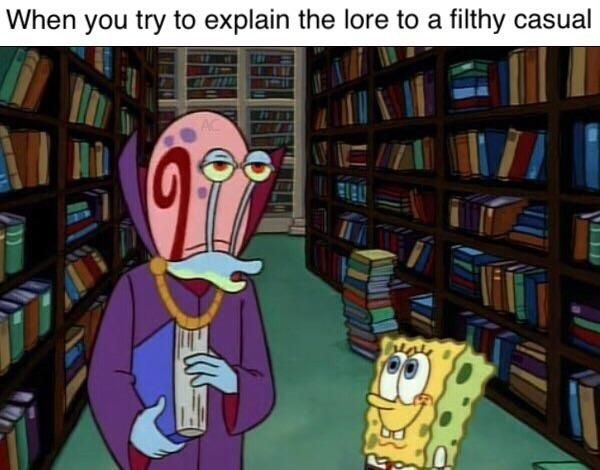 "when you try to explain the law to a filthy casual" - sponge bob and a snail in a library