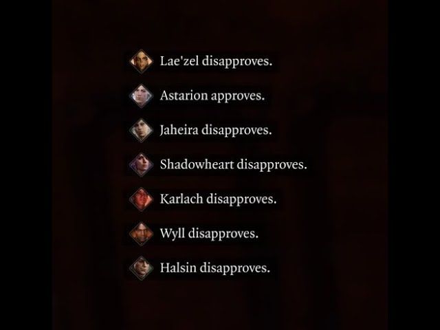 A screenshot from Baldur's Gate 3, where the player has taken an action which a vampire companion approves of, and all other companions disapprove of