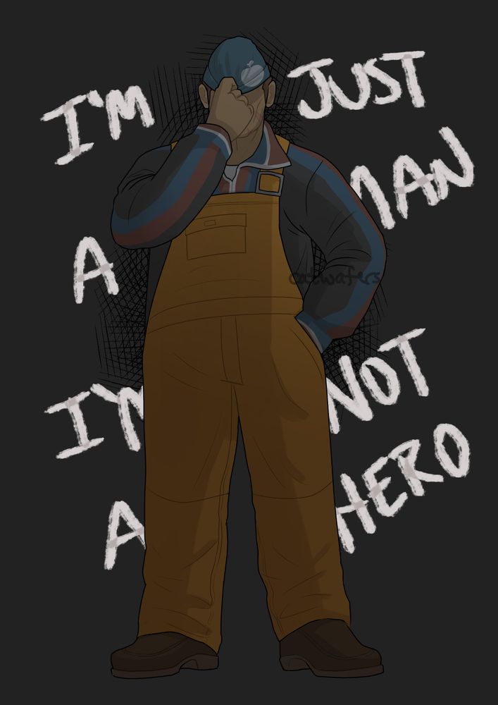 a digital full-body drawing of Seven from 999. he is standing with his left hand in his pocket while his right hand pulls his beanie over his eyes, obscuring his face. in the background, partially obstructed by Seven, is white handwriting that says: "I'M JUST A MAN, I'M NOT A HERO"