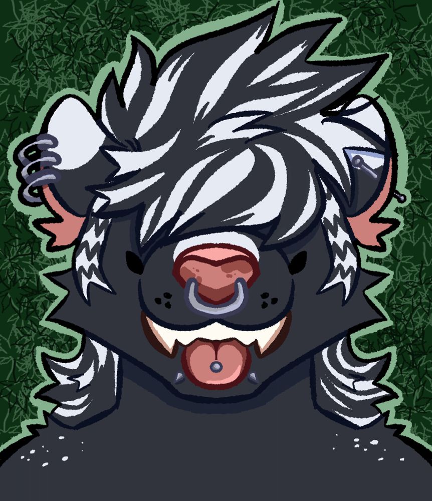 A skunk with bangs covering his eyes sticking his peirced tongue out