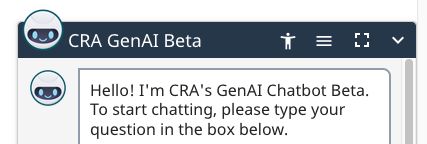 Chat window on the official website of the Canada Revenue Agency titled "CRA GenAI Beta". Message from the chatbot reads: "Hello! I'm CRA's GenAI Chatbot Beta. To start chatting, please type your question in the box below."