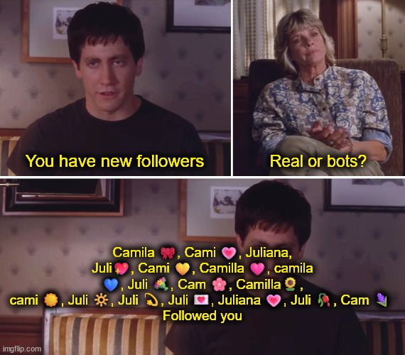 The Donnie Darko "I made a new friend" meme. that reads "You have new followers", "real or bots?", and then [a list of Camilla and Juliana bot names] Followed you