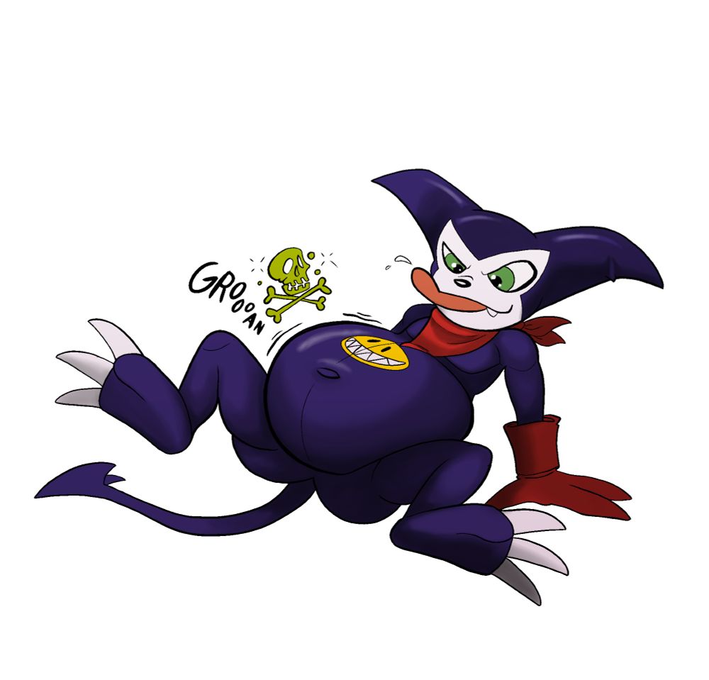 happy scarf feet bulge vore prey smirk belly smug tail navel claws #pot digestion burp bulging smirking forked gurgle groaning belly groan borborygmi rookie_digimon laying back sated digesting looking down at belly