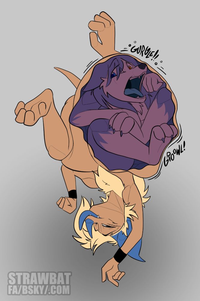 Internal shot of Glow bat inside Straw bat's belly. Straw bat is hanging upside down looking (up?) at his stomach licking his lips with a smirk. Glow bat appears to be in (willing) distress