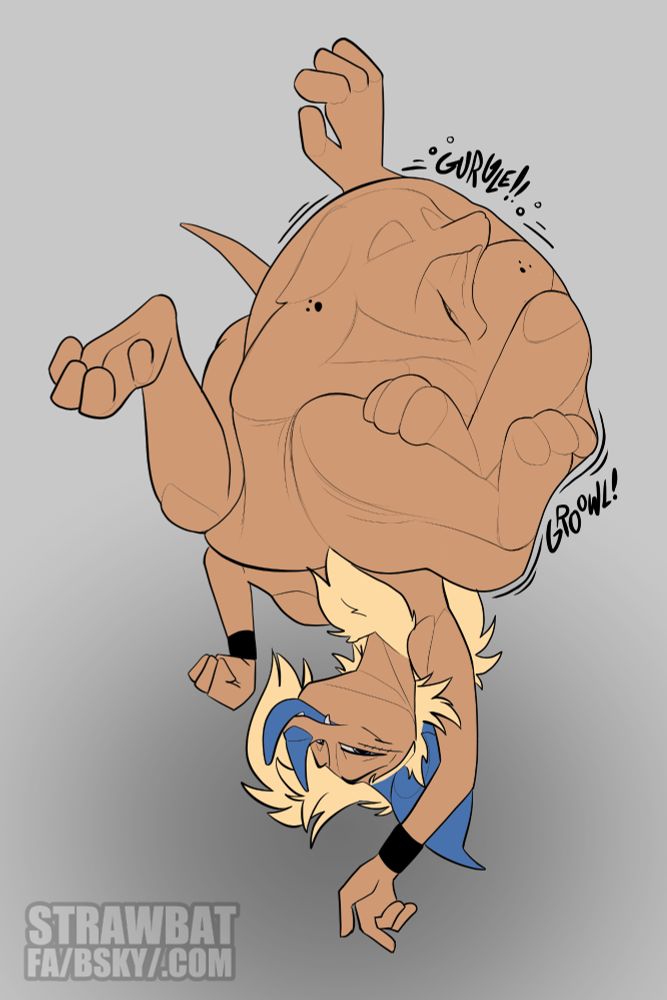 External shot of Glow bat inside Straw bat's belly. Straw bat is hanging upside down looking (up?) at his stomach licking his lips with a smirk. 