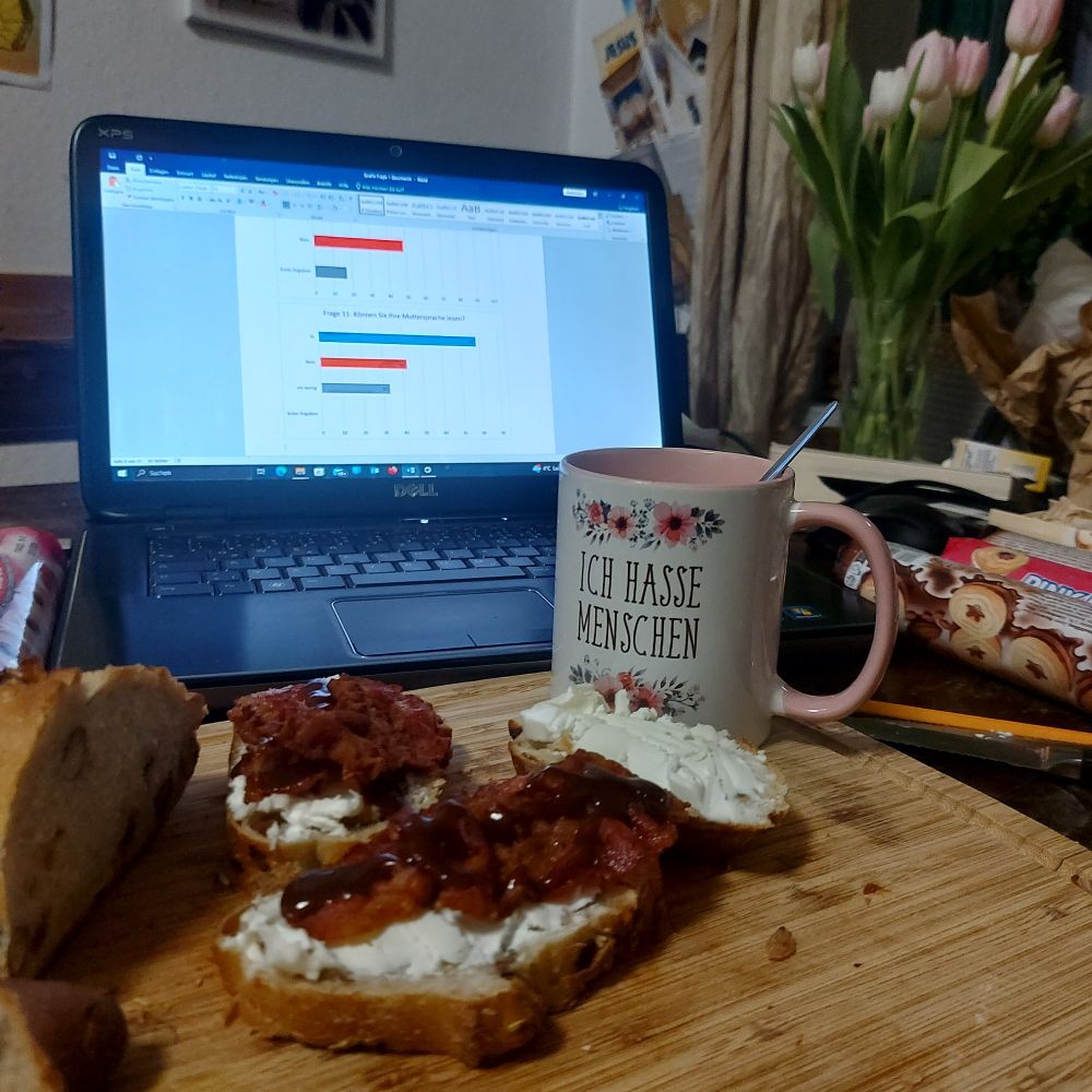 Bild eines großen Holzbrettchens mit Broten. Eine TeeTasse mit der Aufschrift "Ich hasse Menschen". Im Hintergrund ein offener Laptop, der Screen zeigt eine Statistik. Rechts vom Brettchen liegt eine Packung Kekse, dahinter ein Strauß Tulpen in einer Vase.