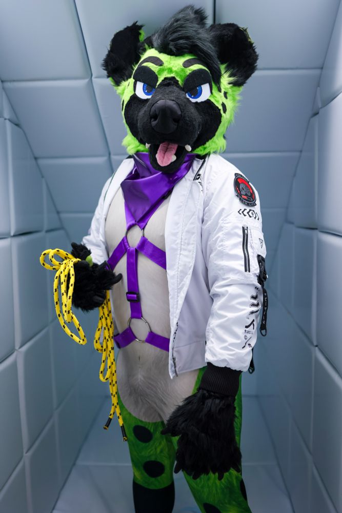 A Green fursuit Hyena wearing a purple Harness and Bandana. Standing in a white padded cell and holding some rope. He's looking straight ahead to the viewer with a slightly mean but playful expression.