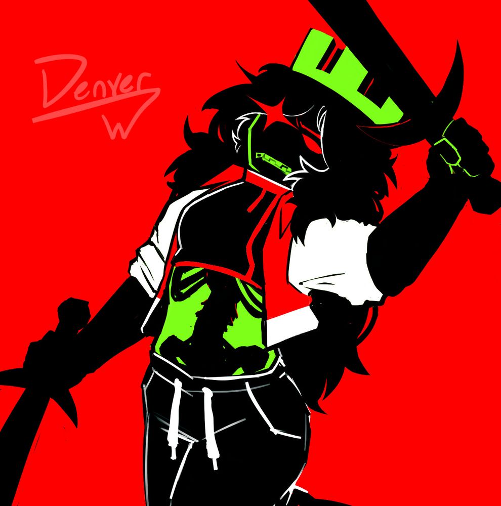 A drawing of 1x1x1x1 wearing the same outfit depicted by the "meatgirl" from Flavor Foley's song and music video "Butcher Vanity". She is depicted as more humanoid, with long black hair, and wields a sword in each hand.