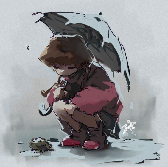 a painting doodle of madotsuki from yume nikki crouching with an umbrella in her hand, looking at a frog
#art #yumenikki #fanart 