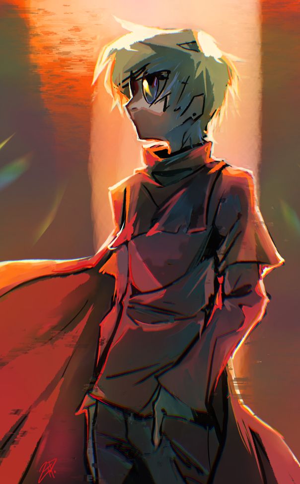 a digital drawing of Dave Strider from Homestuck. It uses vibrant warm colors, and shows him cropped from hips to head, looks away from the viewer, a hand in his pocket.
