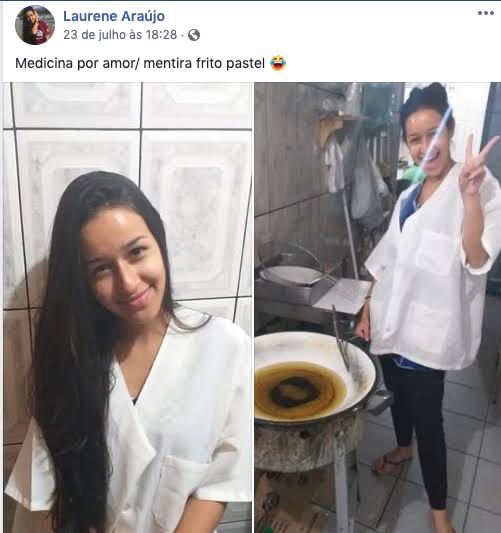 Screenshot de post no Facebook com a foto de uma moça de jaleco branco e com a legenda “Medicina por amor / mentira frito pastel”.