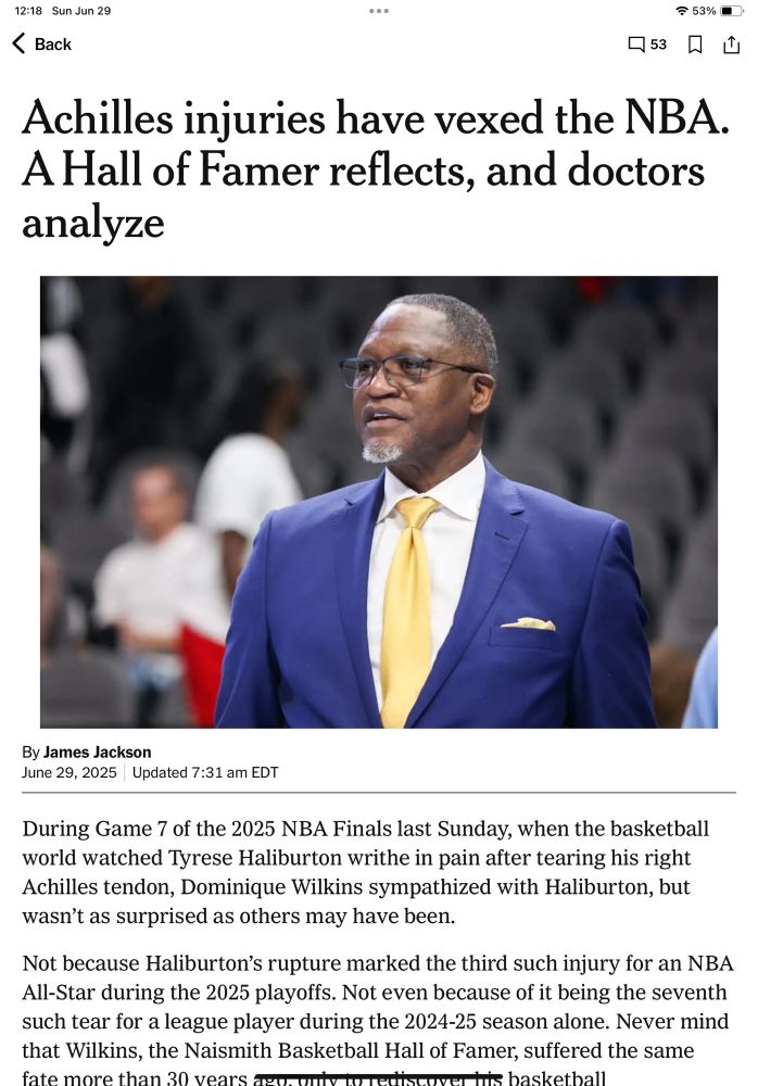 The start of an article from The Athletic. The headline reads “Achilles injuries have vexed the NBA. A Hall of Famer reflects, and doctors analyze” and there’s a picture of a Black man with glasses and closely cropped dark curly hair and a graying goatee wearing a dark royal blue jacket, white dress shirt, and yellow tie and pocket square.
