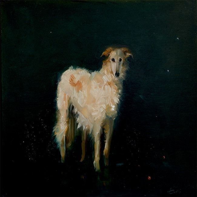 Painting of a borzoi standing in what looks like space or a void.